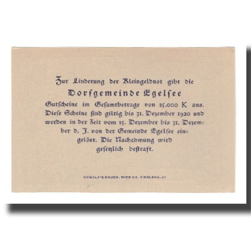 Billet, Autriche, Egelsee, 20 Heller, Texte  5, 1920, 1920-12-31, NEUF, Mehl:FS