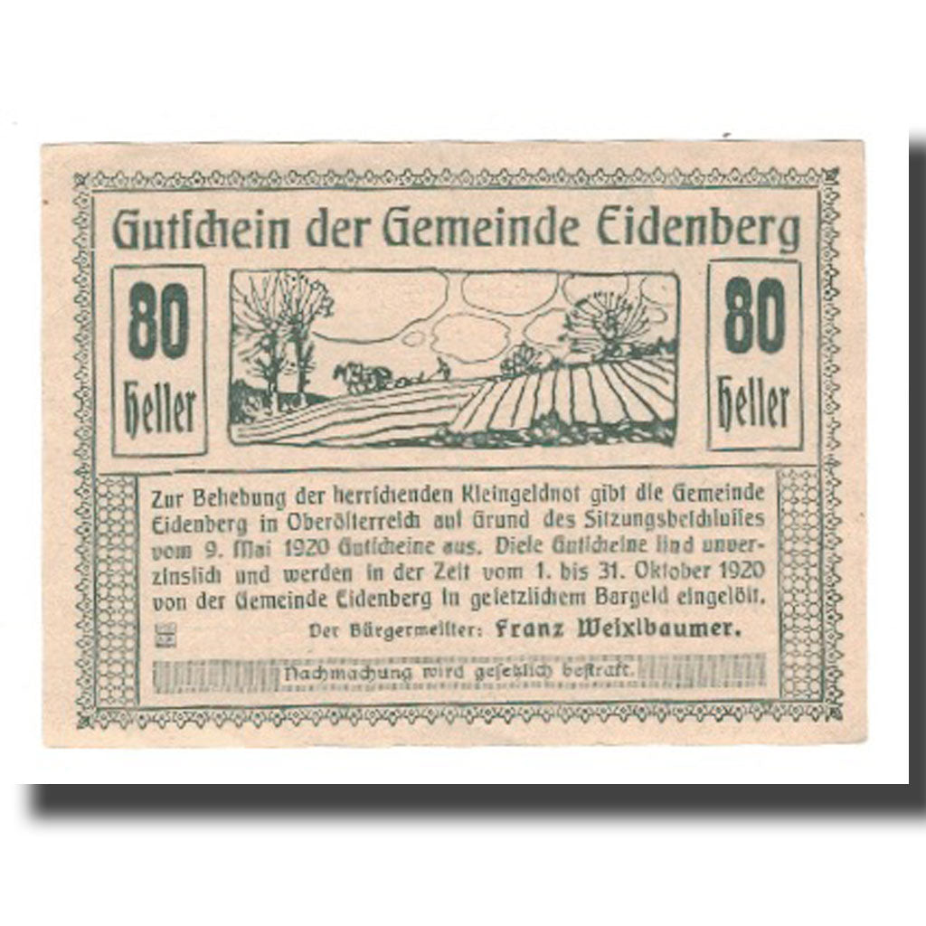 Banconote, Austria, Eidenberg, 80 Heller, champs, 1920, 1920-10-31, FDS, Mehl:FS