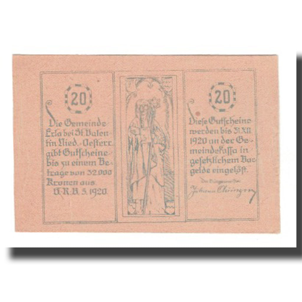 Geldschein, Österreich, Erla N.Ö. Gemeinde, 20 Heller, Texte, 1920