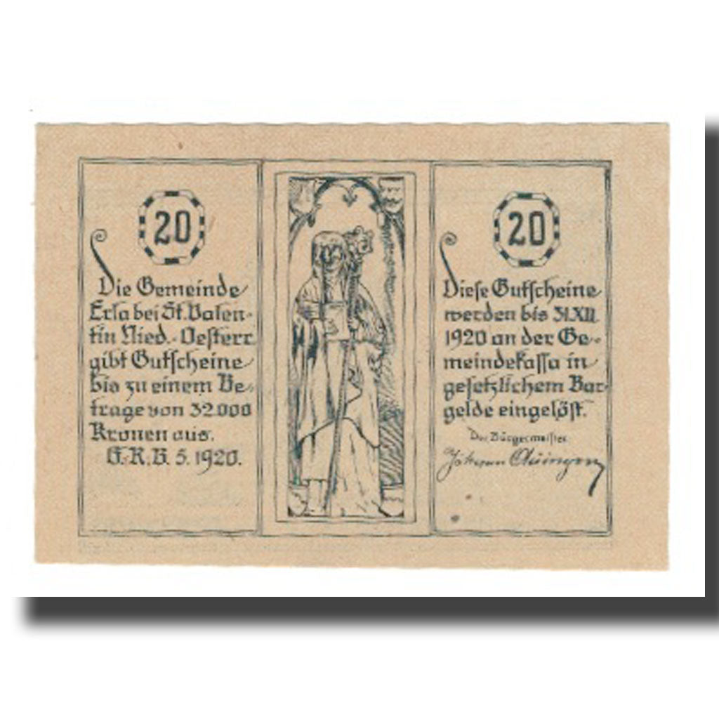 Billet, Autriche, Erla N.Ö. Gemeinde, 20 Heller, texte 1, 1920, 1920-12-31
