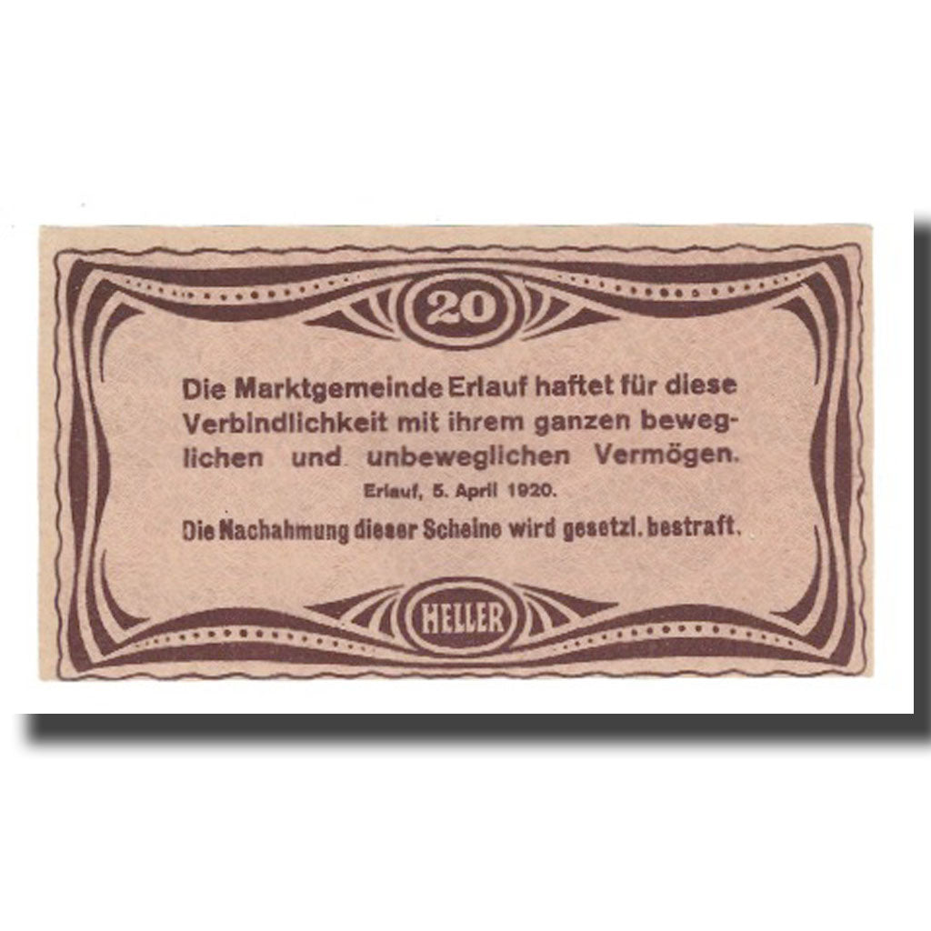 Billet, Autriche, Erlauf im Nibelungengau N.Ö. Marktgemeinde, 20 Heller, Texte