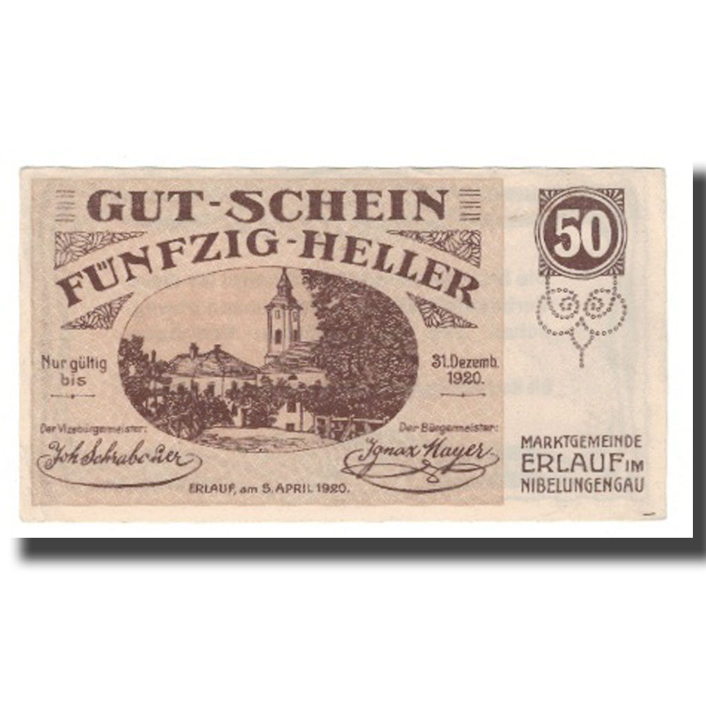 Banknote, Austria, Erlauf im Nibelungengau N.Ö. Marktgemeinde, 50 Heller, Texte