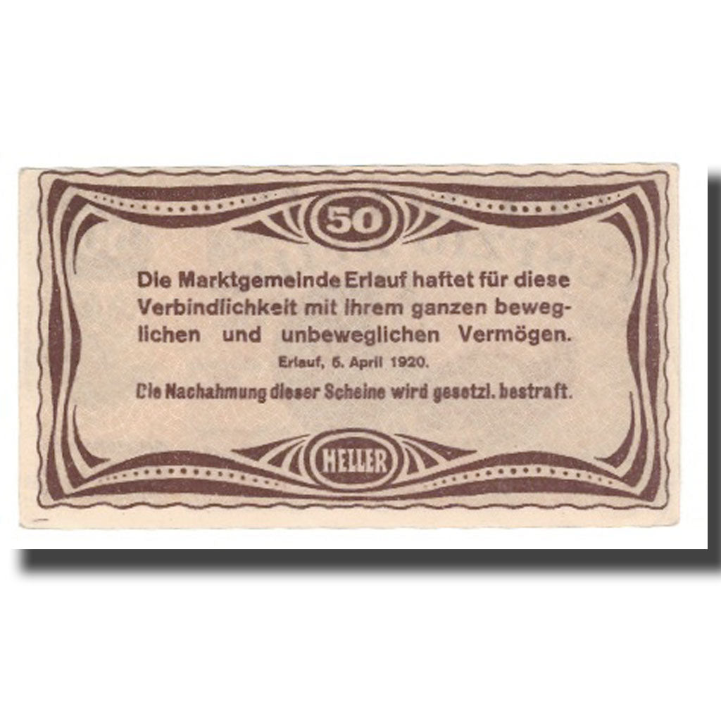 Banknote, Austria, Erlauf im Nibelungengau N.Ö. Marktgemeinde, 50 Heller, Texte