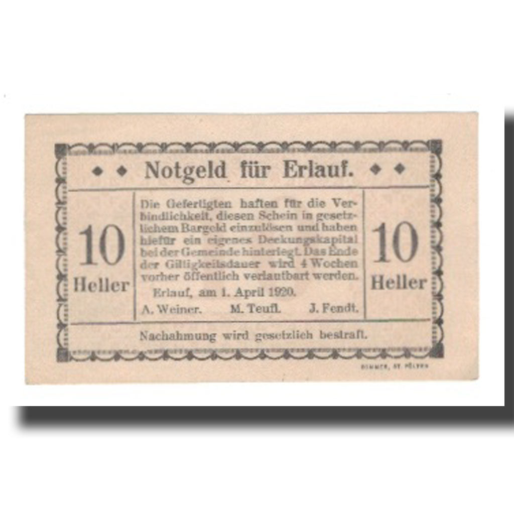 Banknote, Austria, Erlauf N.Ö. Prv. A. Werner, M. Teufl, J. Fendt, 10 Heller