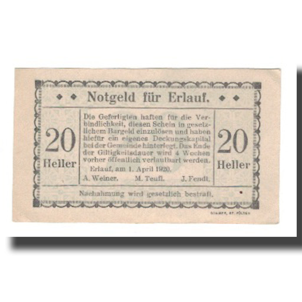 Biljet, Oostenrijk, Erlauf N.Ö. Prv. A. Werner, M. Teufl, J. Fendt, 20 Heller