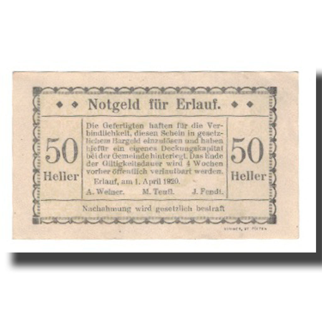 Banconote, Austria, Erlauf N.Ö. Prv. A. Werner, M. Teufl, J. Fendt, 50 Heller