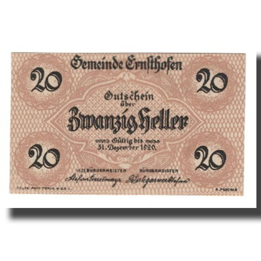 Banknote, Austria, Ernsthofen, 20 Heller, village 1, 1920, 1920-12-31