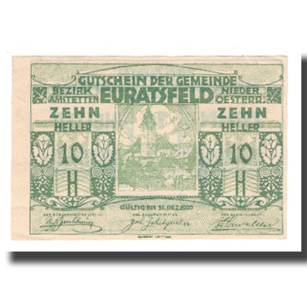 Banknote, Austria, Euratsfeld N.Ö. Gemeinde, 10 Heller, Texte, 1920