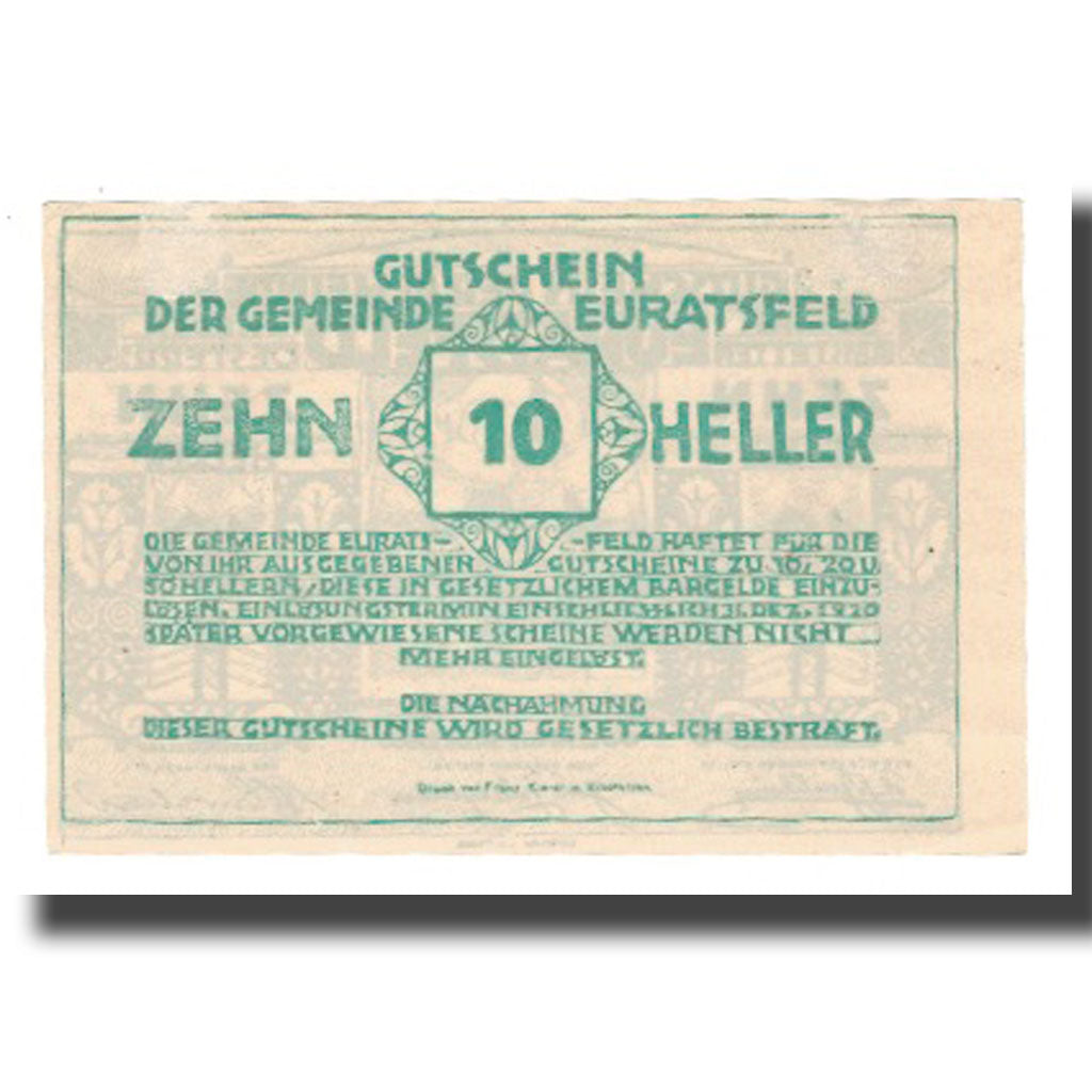 Banknote, Austria, Euratsfeld N.Ö. Gemeinde, 10 Heller, Texte, 1920