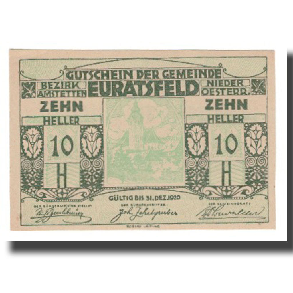 Geldschein, Österreich, Euratsfeld N.Ö. Gemeinde, 10 Heller, Texte 2, 1920
