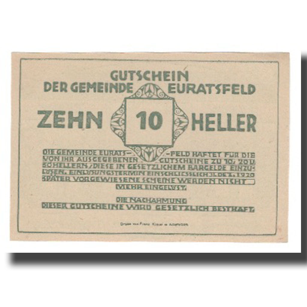 Geldschein, Österreich, Euratsfeld N.Ö. Gemeinde, 10 Heller, Texte 2, 1920