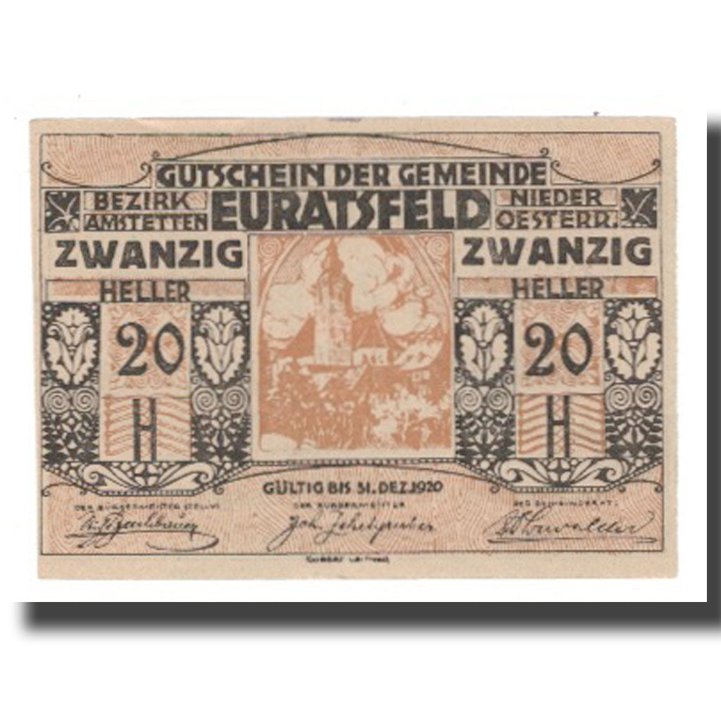 Geldschein, Österreich, Euratsfeld N.Ö. Gemeinde, 20 Heller, Texte 3, 1920
