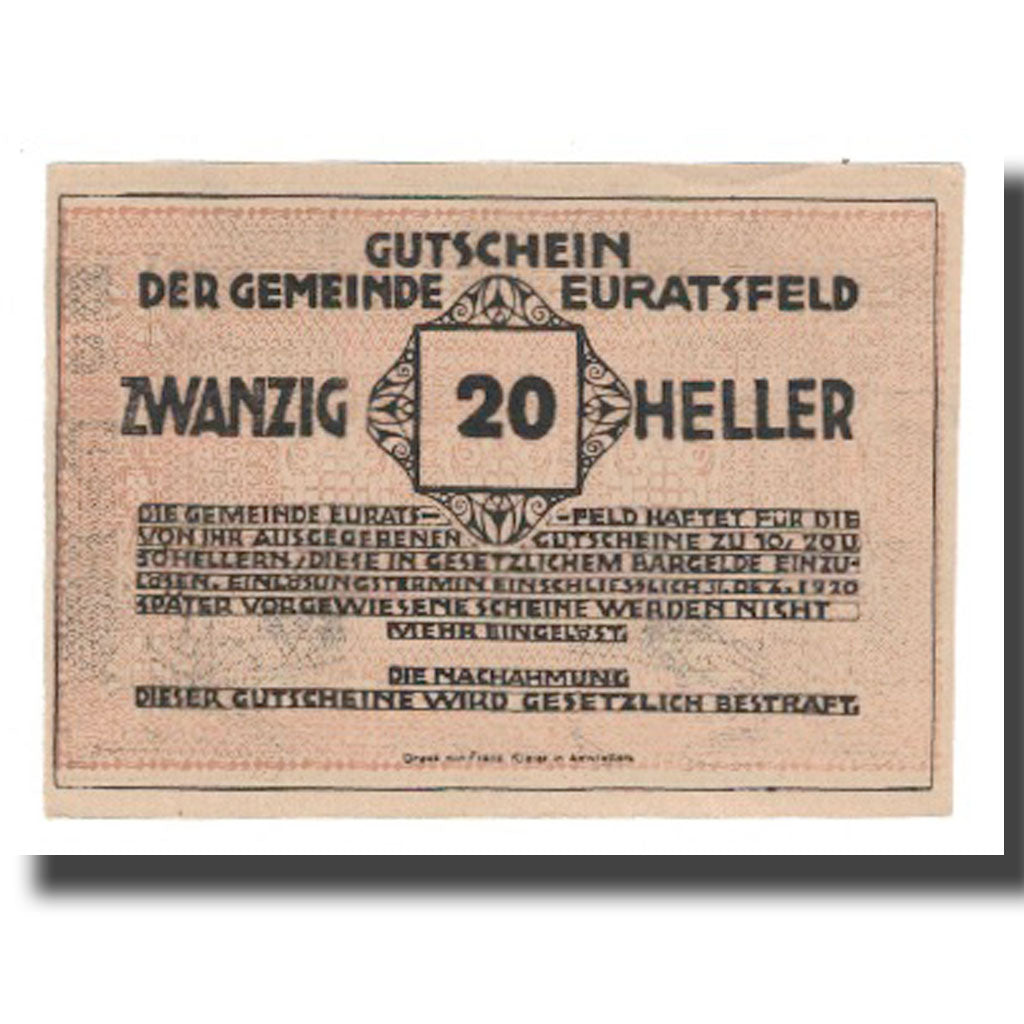 Geldschein, Österreich, Euratsfeld N.Ö. Gemeinde, 20 Heller, Texte 3, 1920