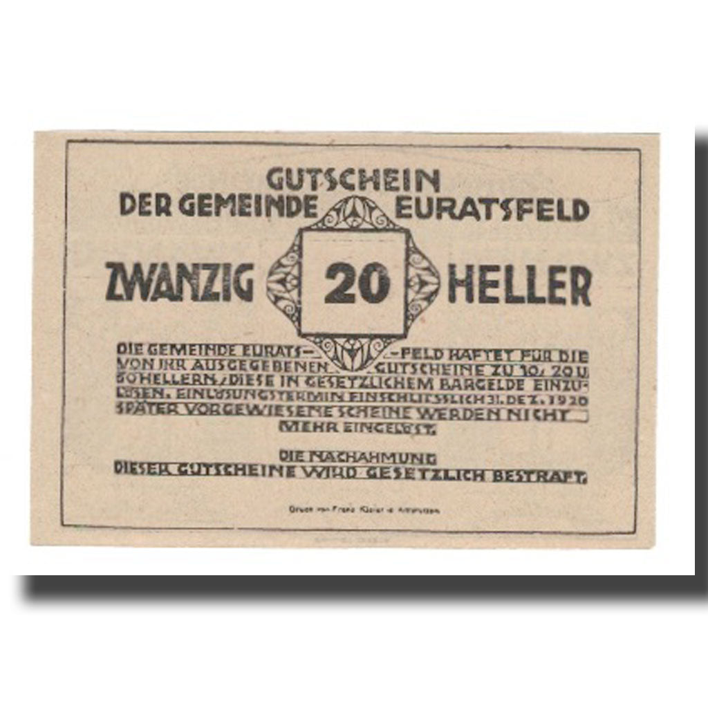 Billet, Autriche, Euratsfeld N.Ö. Gemeinde, 20 Heller, Texte 4, 1920