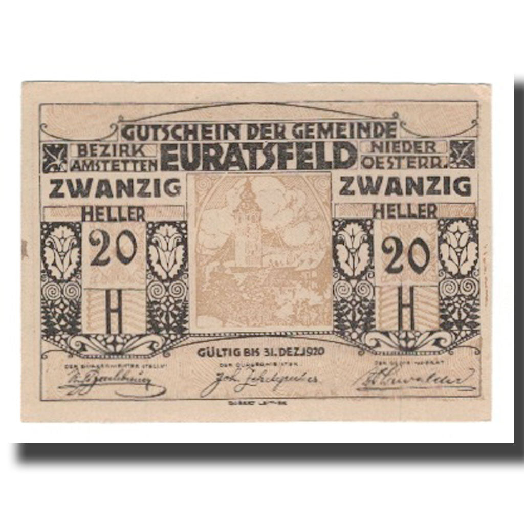 Geldschein, Österreich, Euratsfeld N.Ö. Gemeinde, 20 Heller, Texte  5, 1920