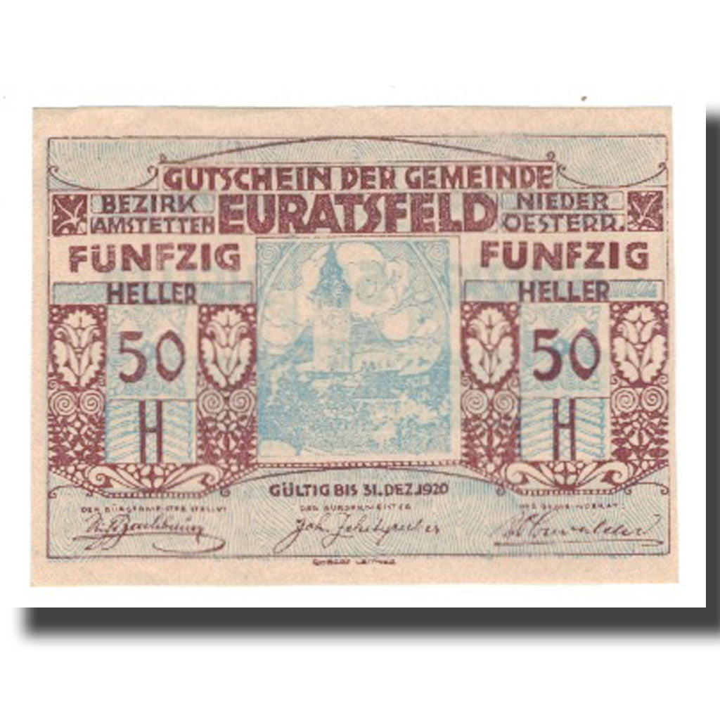 Geldschein, Österreich, Euratsfeld N.Ö. Gemeinde, 50 Heller, Texte 6, 1920