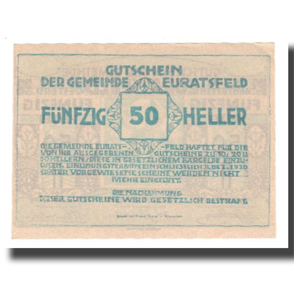 Geldschein, Österreich, Euratsfeld N.Ö. Gemeinde, 50 Heller, Texte 6, 1920