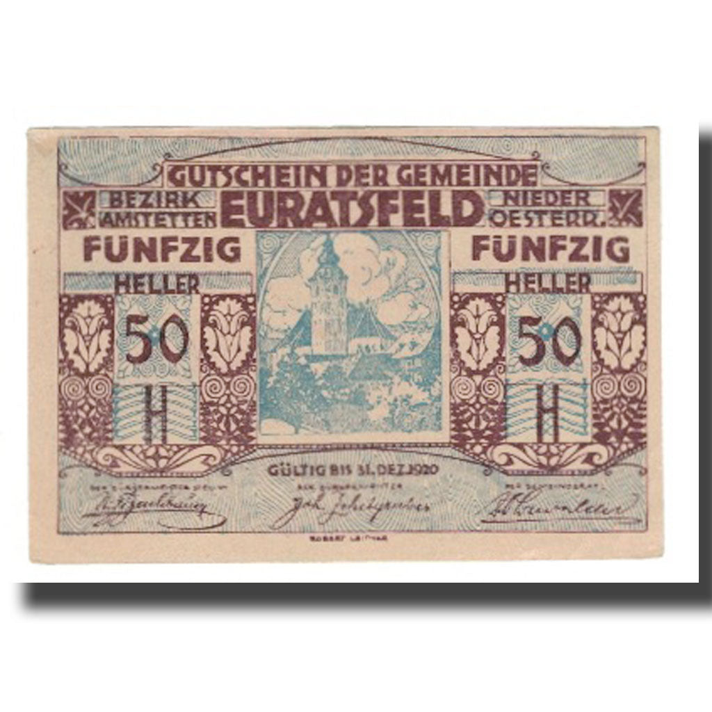 Nota, Áustria, Euratsfeld N.Ö. Gemeinde, 50 Heller, Texte 7, 1920, 1920-12-31