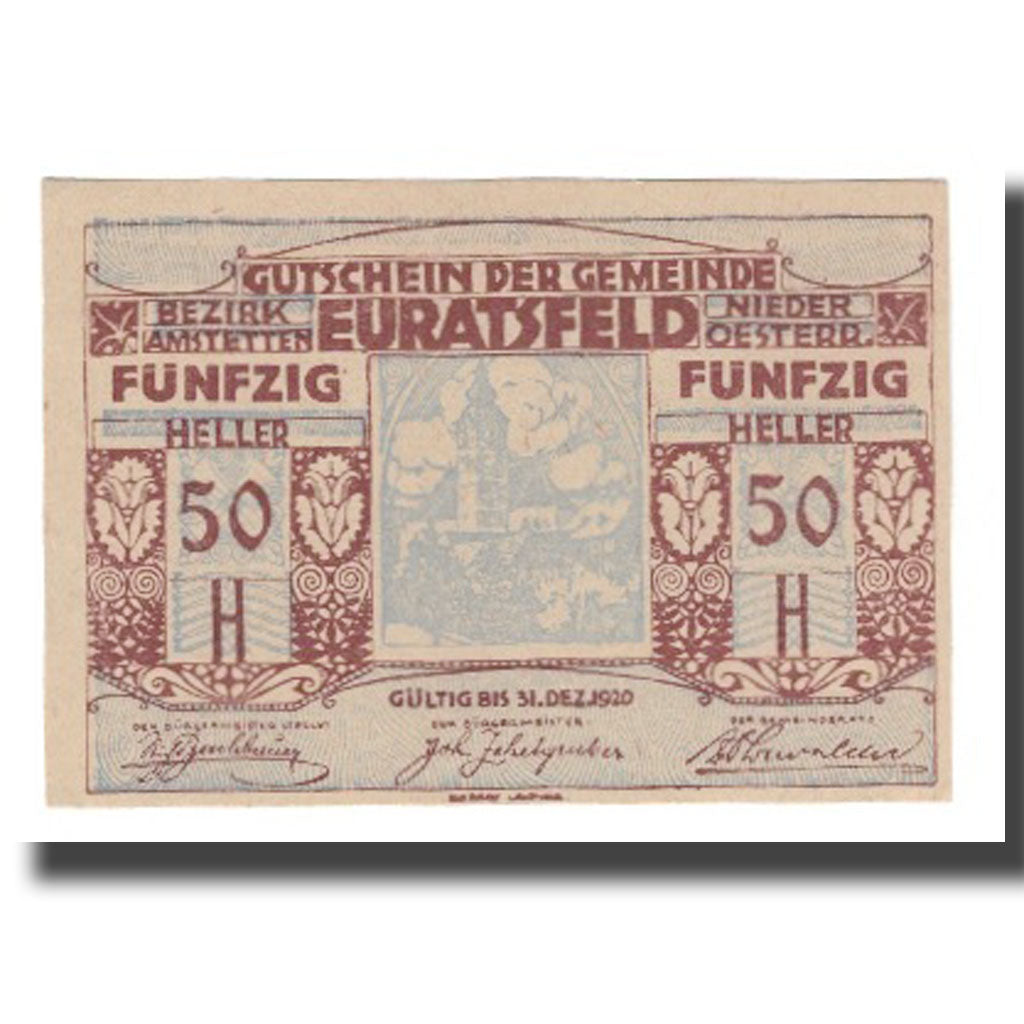 Billet, Autriche, Euratsfeld N.Ö. Gemeinde, 50 Heller, Texte 8, 1920