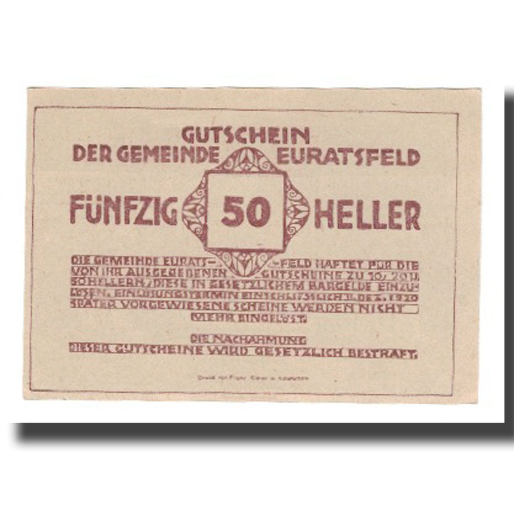 Billet, Autriche, Euratsfeld N.Ö. Gemeinde, 50 Heller, Texte 8, 1920