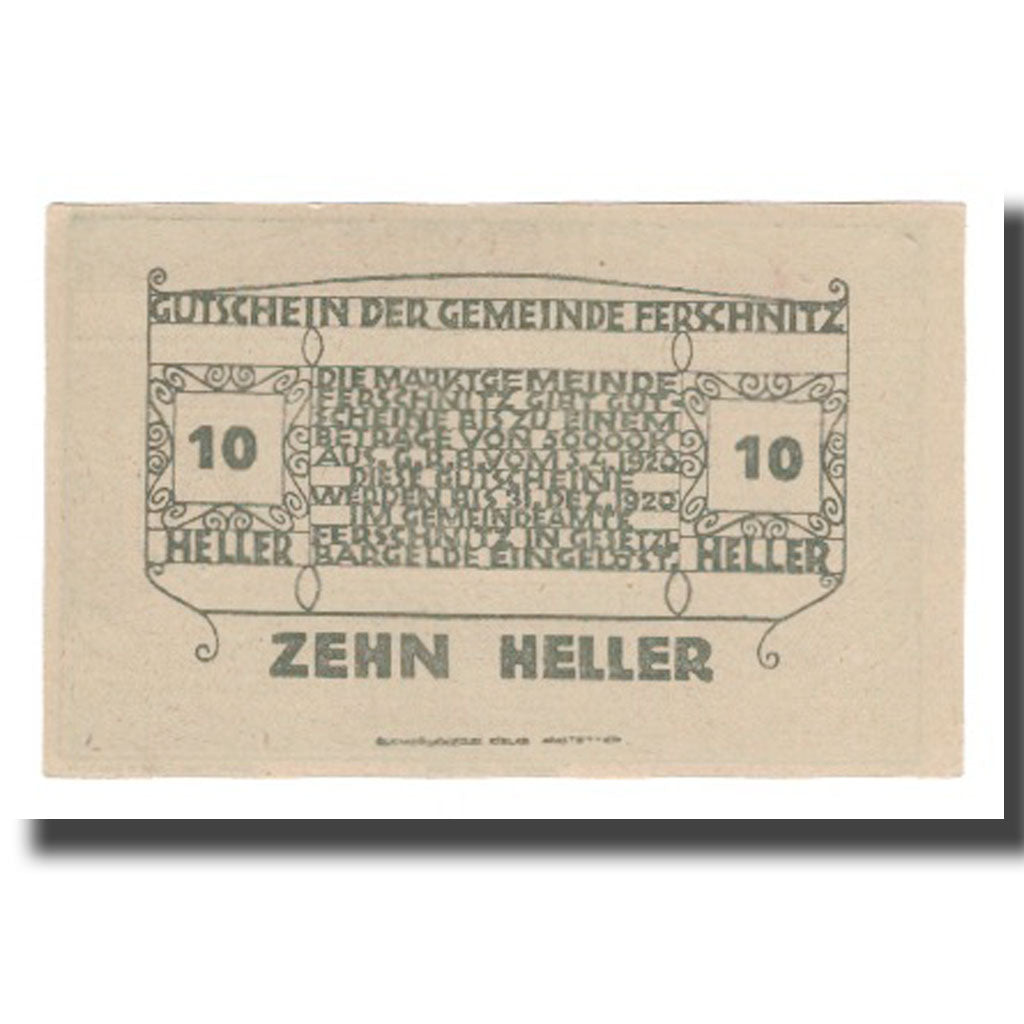 Banknote, Austria, Ferschnitz, 10 Heller, texte 1, 1920, 1920-12-31, UNC(65-70)