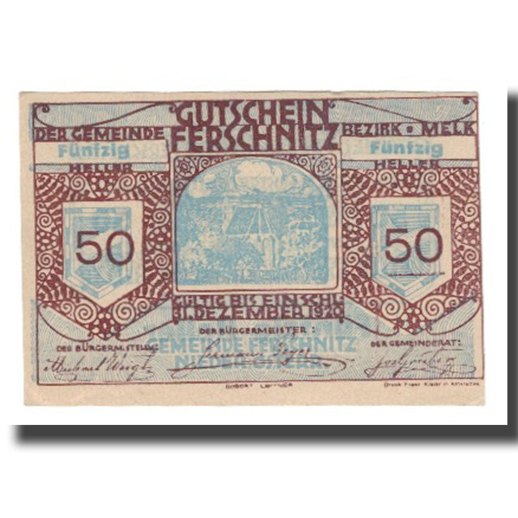Billet, Autriche, Ferschnitz, 50 Heller, Texte 4, 1920, 1920-12-31, NEUF