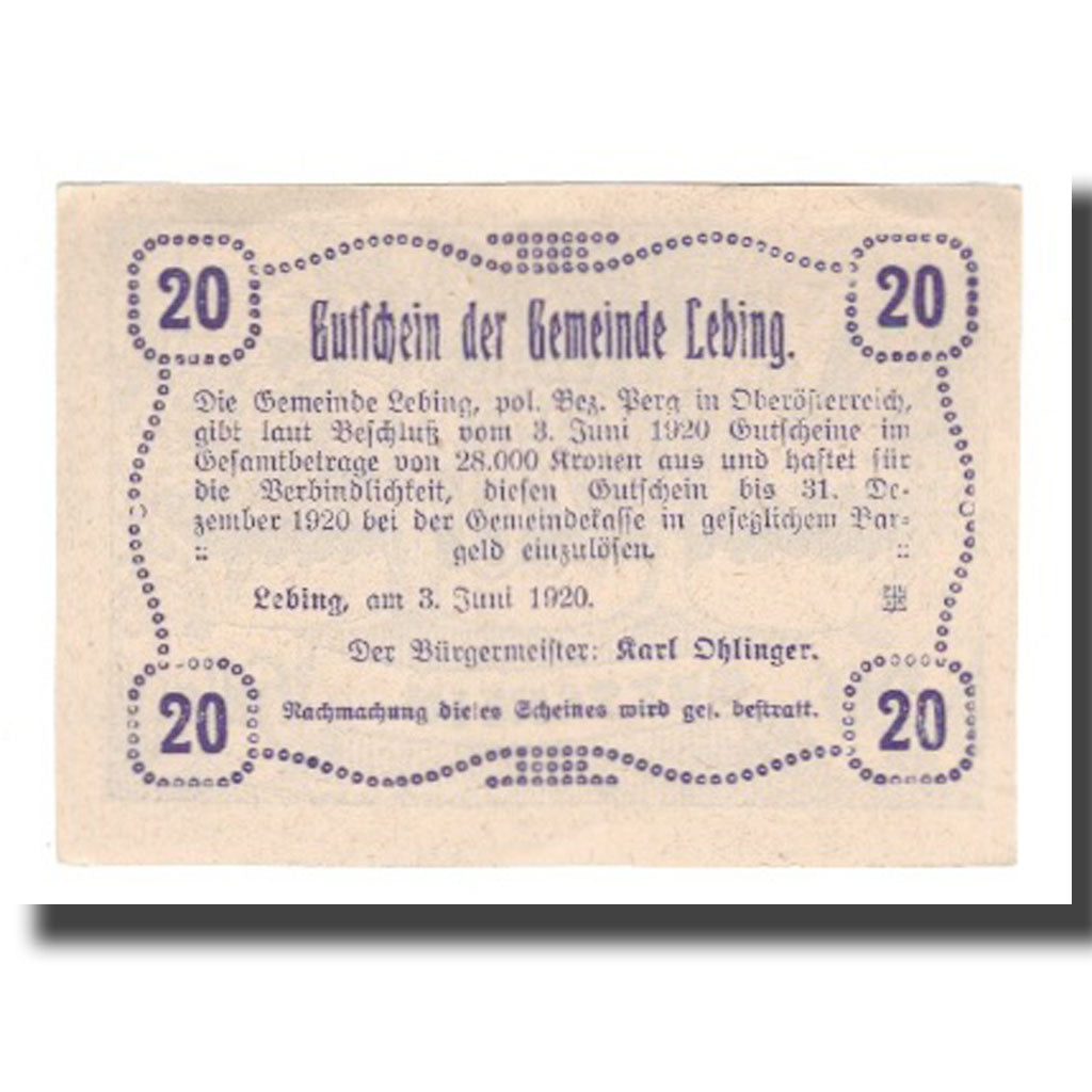 Banknot, Austria, Lebing O.Ö. Gemeinde, 20 Heller, Texte, 1920, 1920-12-31