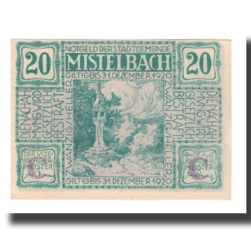 Biljet, Oostenrijk, Mistelbach, 20 Heller, paysage 1, 1920, 1920-12-31, NIEUW