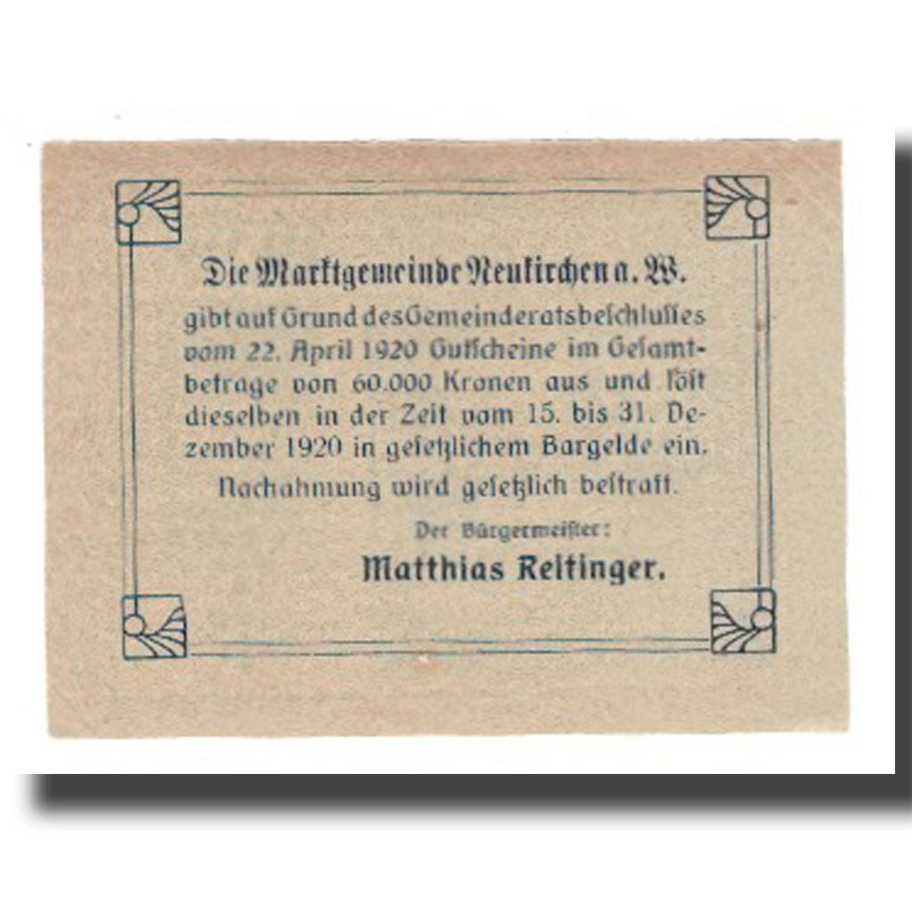 Banconote, Austria, Neukirchen am Walde O.Ö. Marktgemeinde, 10 Heller, Texte