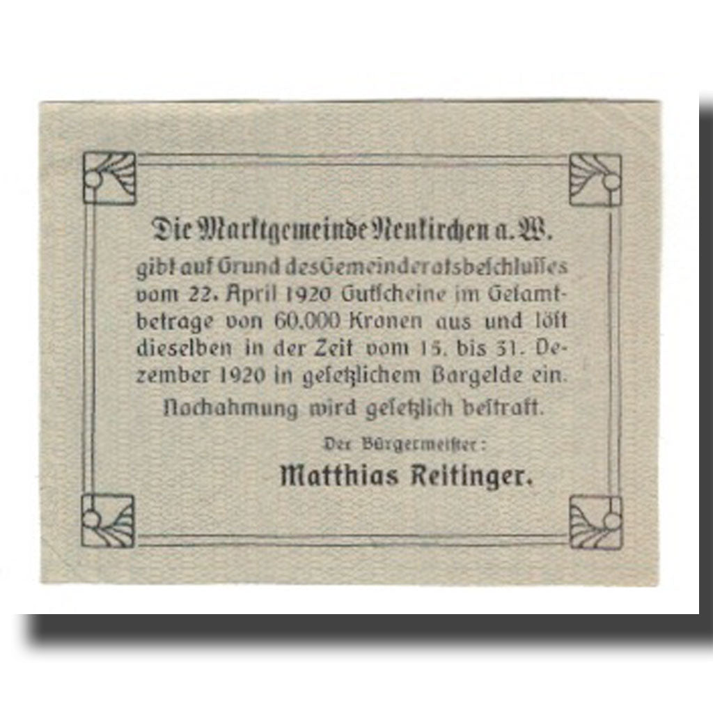 Billet, Autriche, Neukirchen am Walde O.Ö. Marktgemeinde, 20 Heller, texte 1