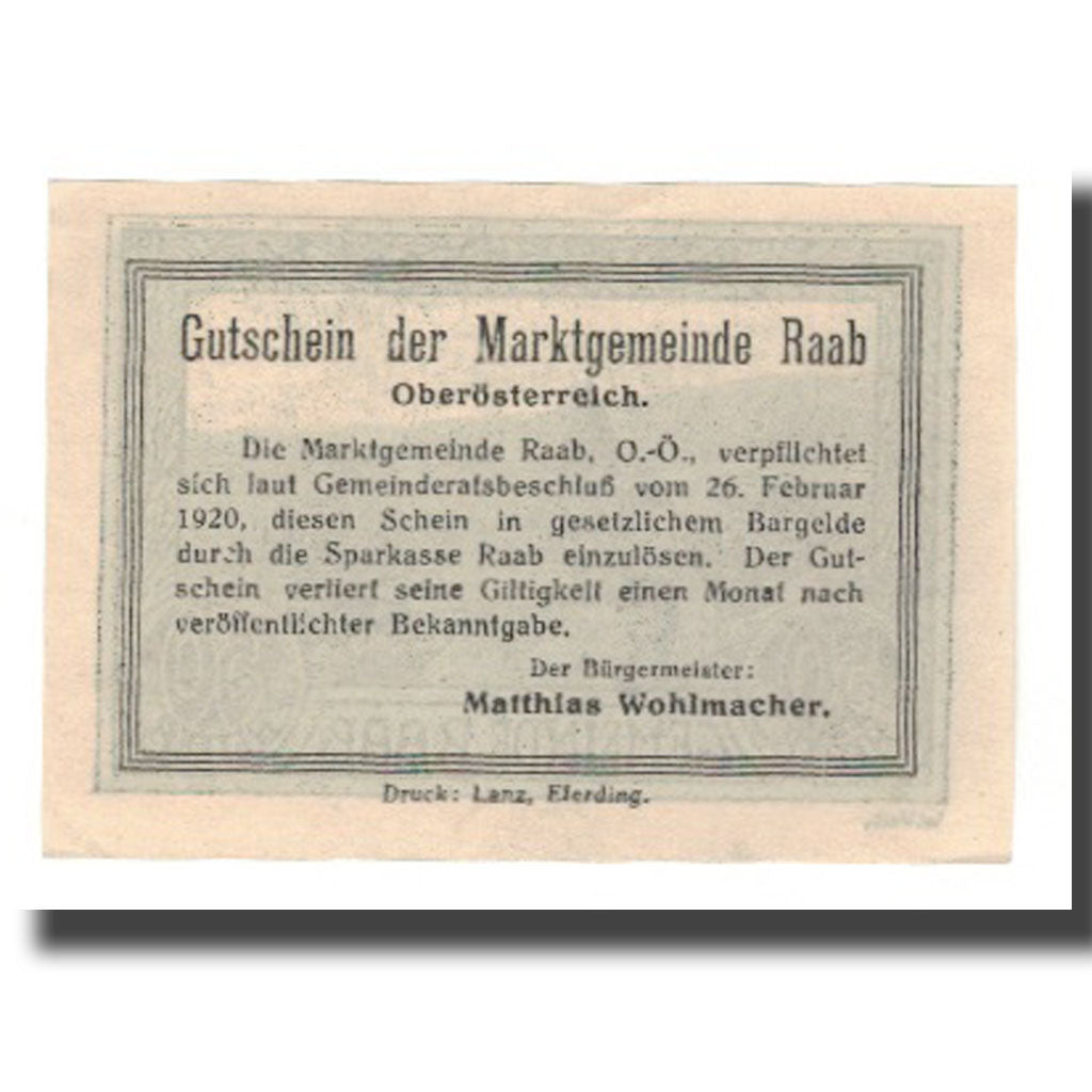 Banknote, Austria, Raabs N.Ö. Marktgemeinde, 50 Heller, Texte, UNC(65-70)