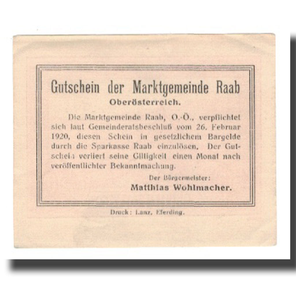 Billet, Autriche, Raabs N.Ö. Marktgemeinde, 50 Heller, texte 1, SUP, Mehl:FS