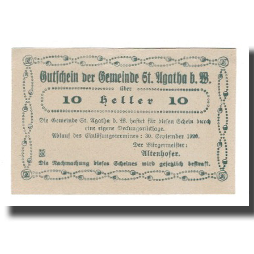 Banknote, Austria, St. Agatha Bei Weizenkirchen O.Ö. Gemeinde, 10 Heller