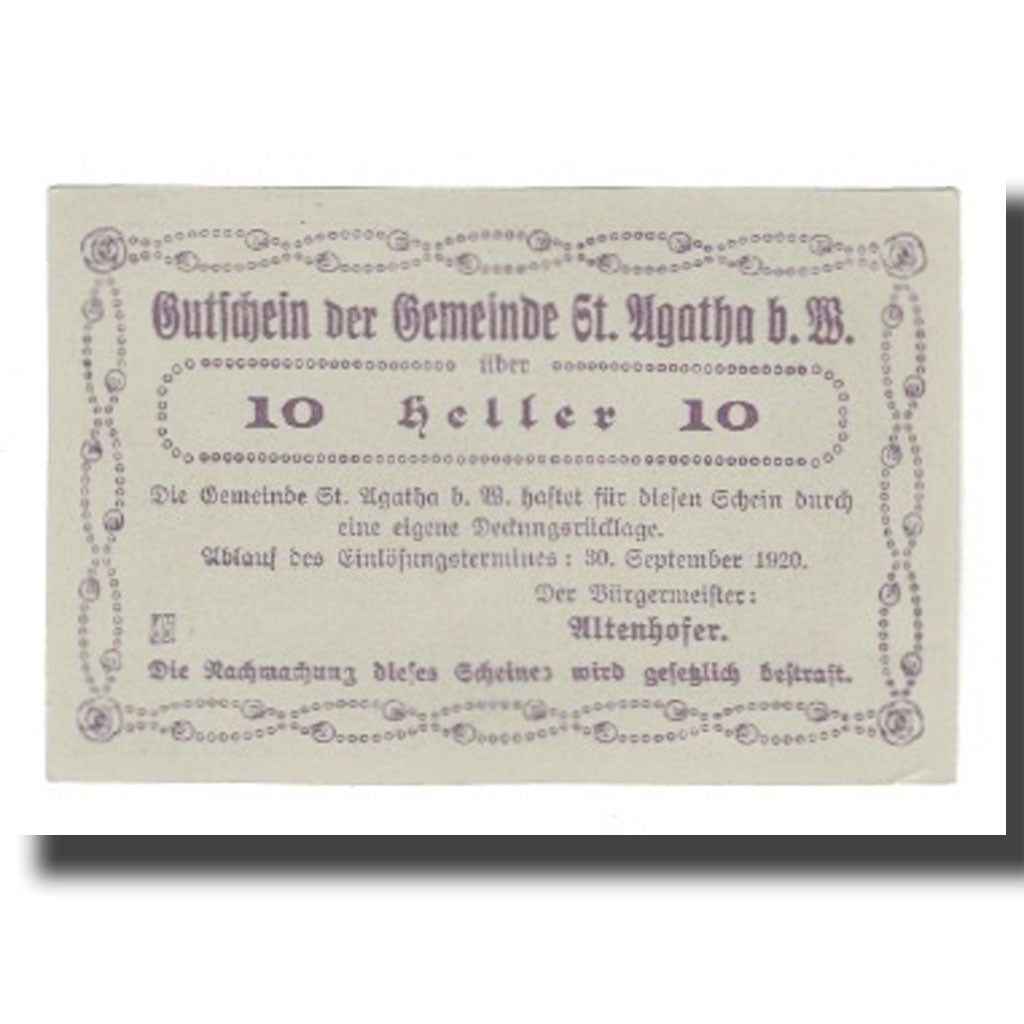 Banknote, Austria, St. Agatha Bei Weizenkirchen O.Ö. Gemeinde, 10 Heller, texte