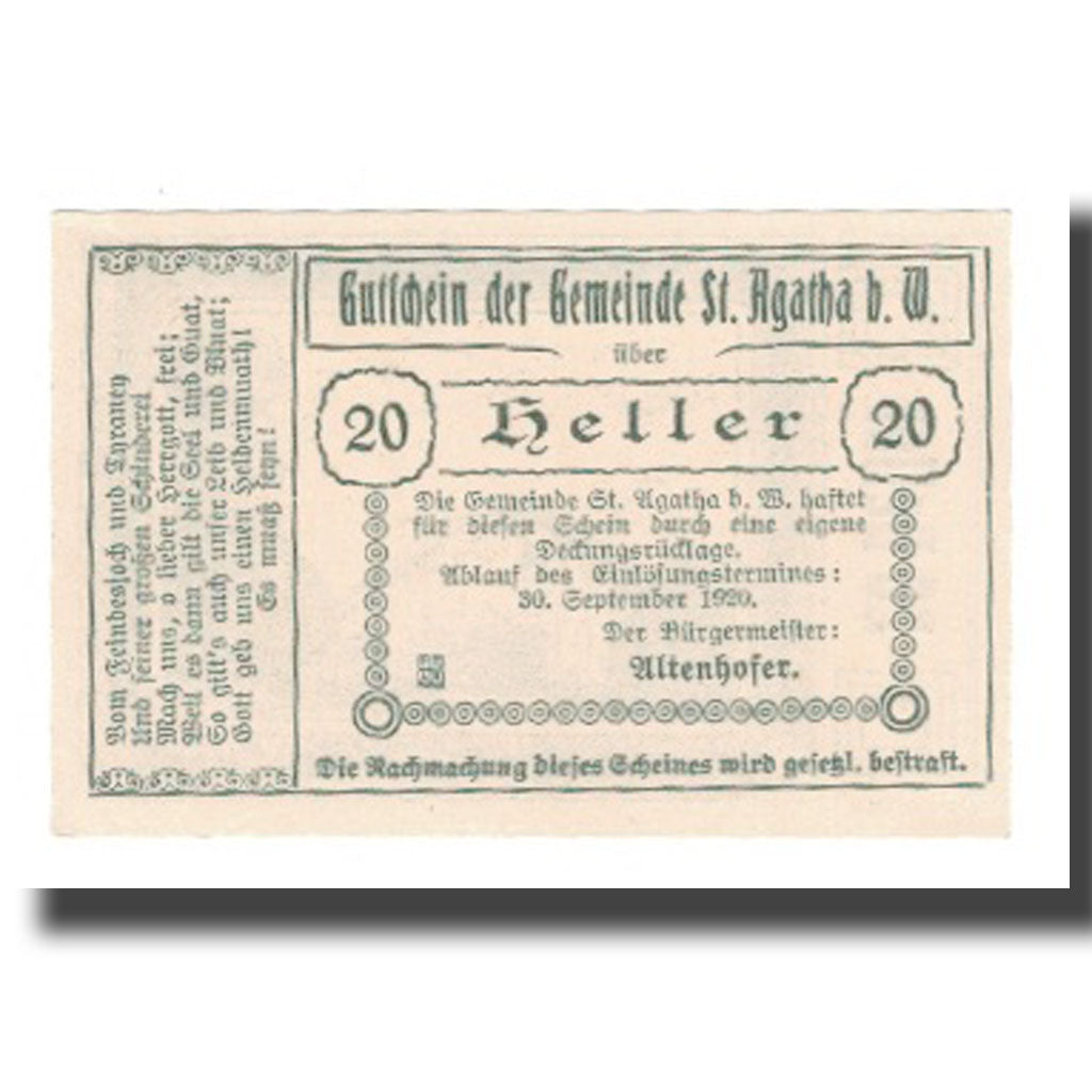 Banknote, Austria, St. Agatha Bei Weizenkirchen O.Ö. Gemeinde, 20 Heller, Texte