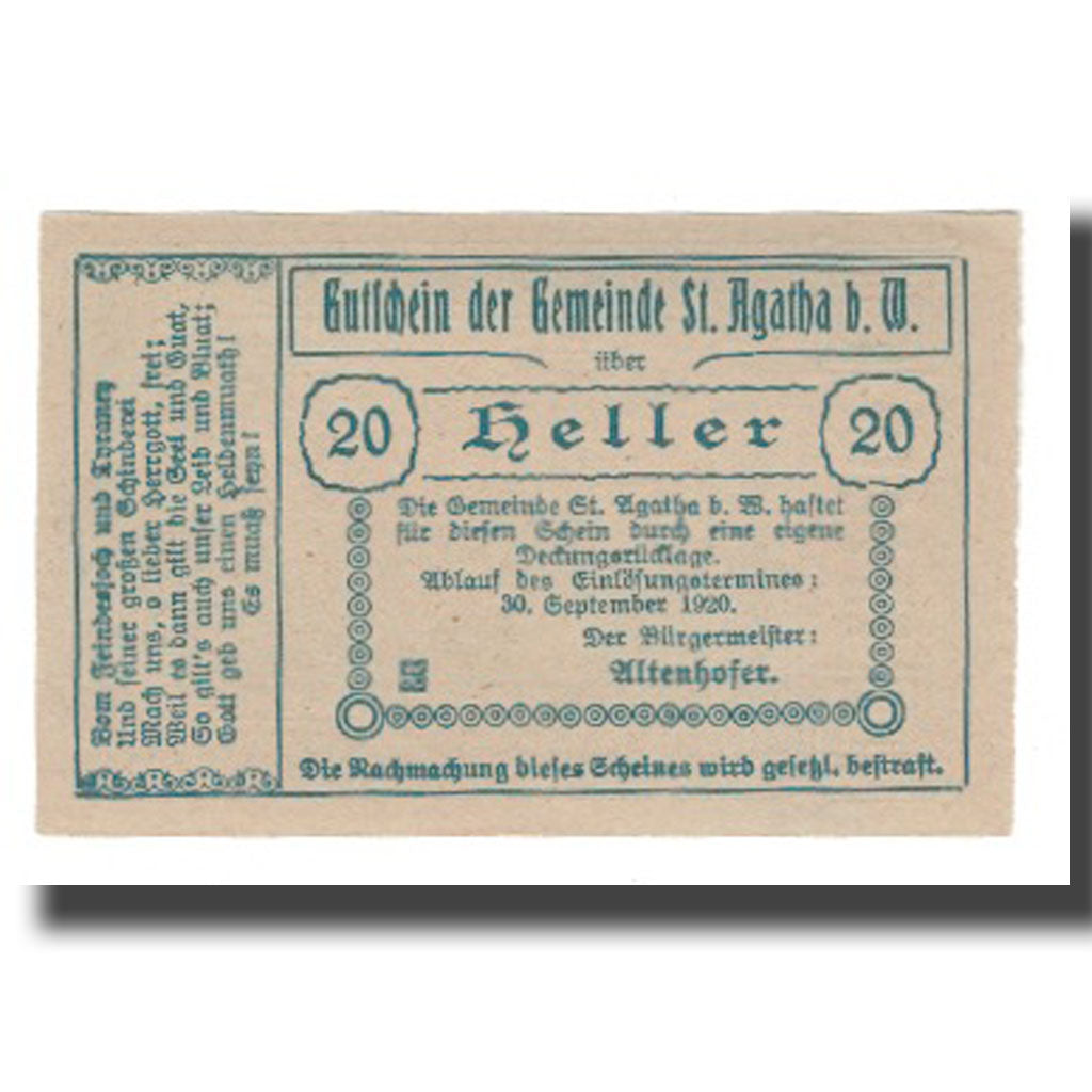 Banknote, Austria, St. Agatha Bei Weizenkirchen O.Ö. Gemeinde, 20 Heller, Texte