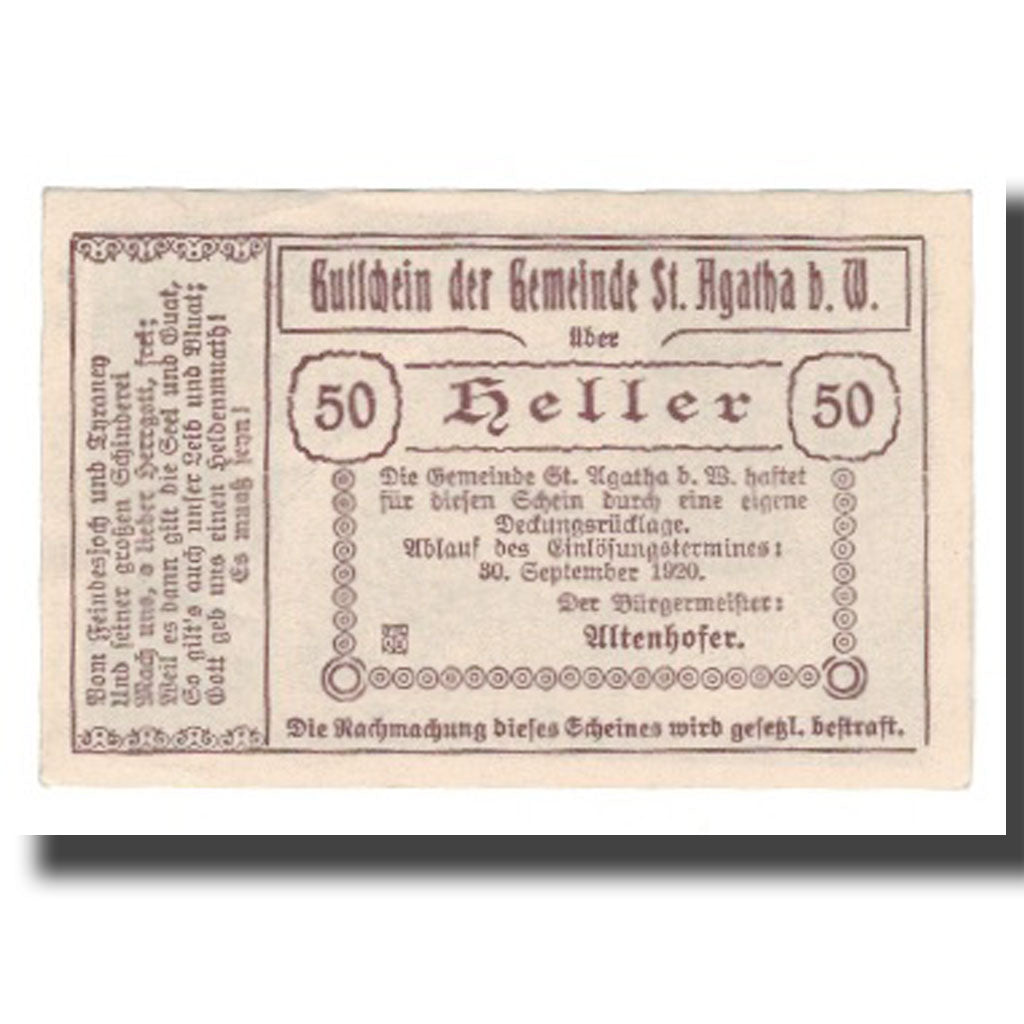 Banknote, Austria, St. Agatha Bei Weizenkirchen O.Ö. Gemeinde, 50 Heller, Texte