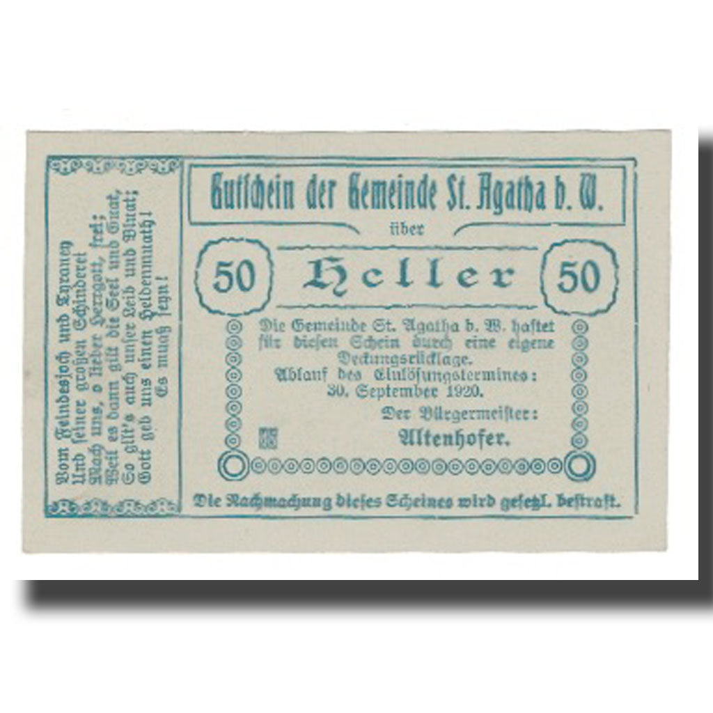 Billet, Autriche, St. Agatha Bei Weizenkirchen O.Ö. Gemeinde, 50 Heller, Texte