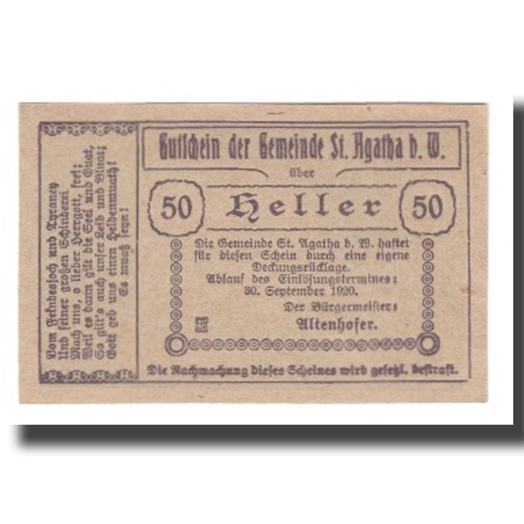 Billet, Autriche, St. Agatha Bei Weizenkirchen O.Ö. Gemeinde, 50 Heller, Texte
