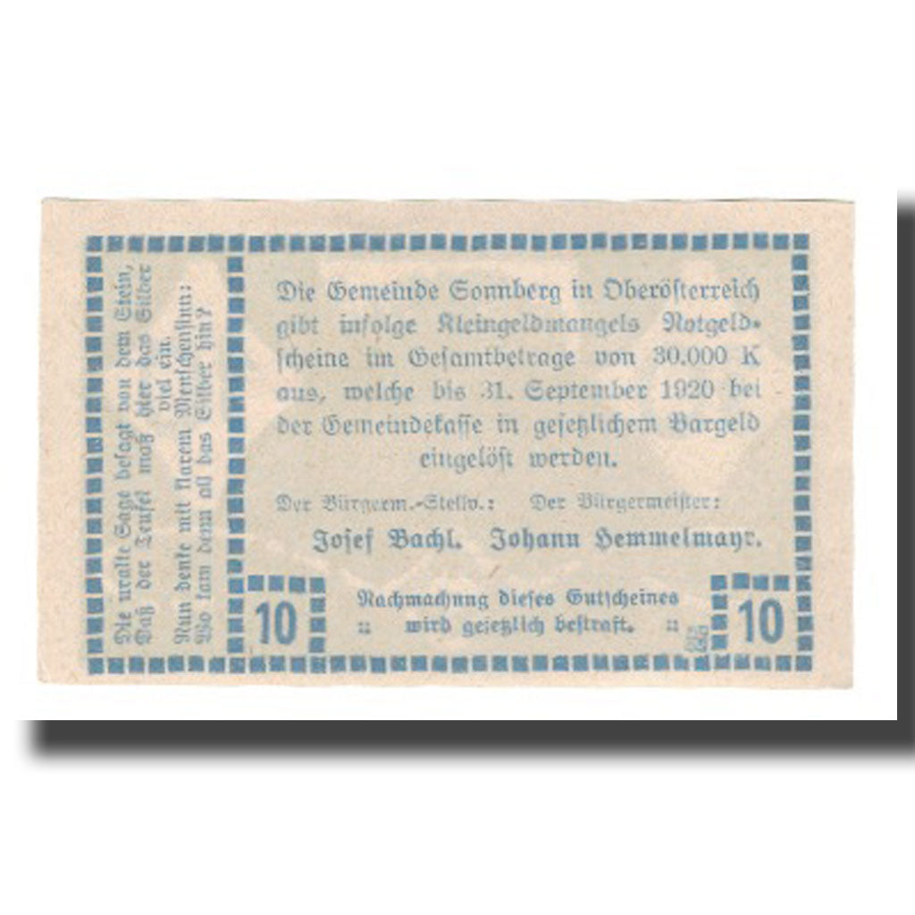 Biljet, Oostenrijk, Sonnberg O.Ö. Gemeinde, 10 Heller, Texte, 1920, 1920-09-30