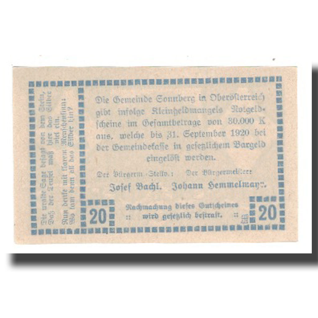 Banknote, Austria, Sonnberg O.Ö. Gemeinde, 20 Heller, texte 1, 1920