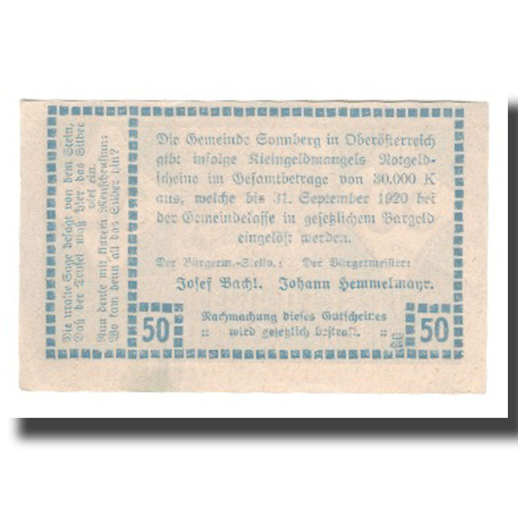 Banknot, Austria, Sonnberg O.Ö. Gemeinde, 50 Heller, Texte 2, 1920, 1920-09-30