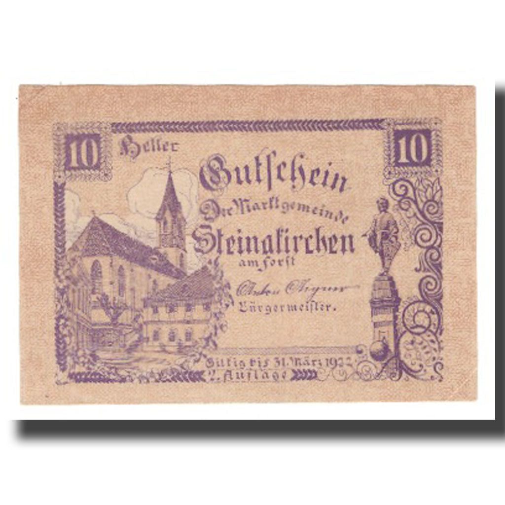 Banconote, Austria, Steinakirchen am Forst, 10 Heller, texte 1, 1922