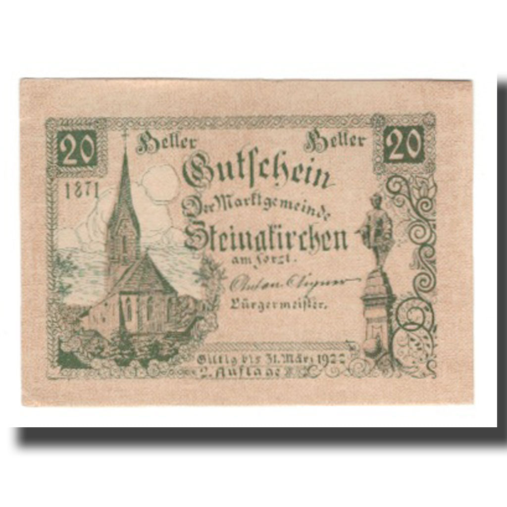 Billet, Autriche, Steinakirchen am Forst, 20 Heller, Texte 2, 1922, 1922-03-31