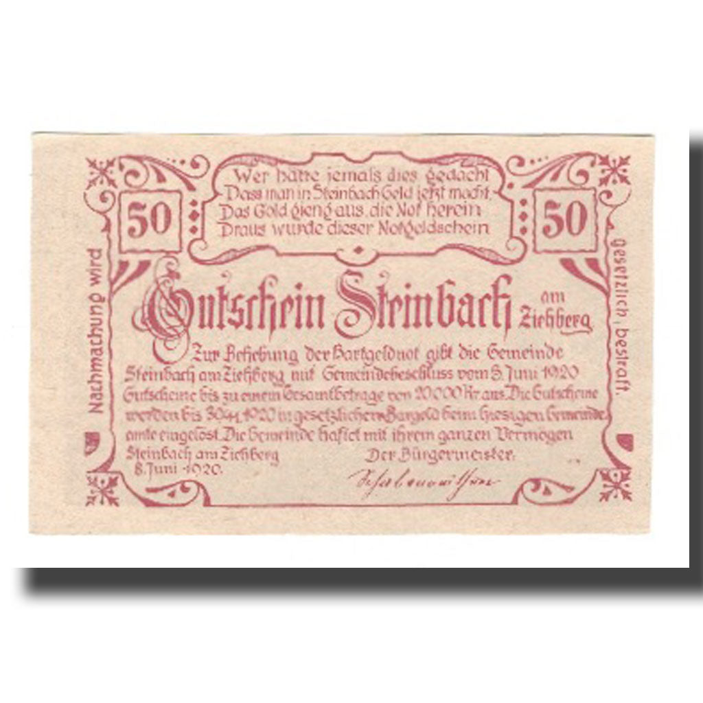 Banconote, Austria, Steinbach am Ziehberg O.Ö. Gemeinde, 50 Heller, Texte