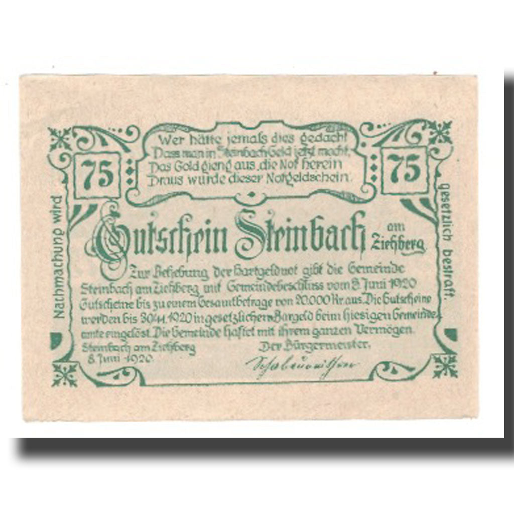 Biljet, Oostenrijk, Steinbach am Ziehberg O.Ö. Gemeinde, 75 Heller, texte 1