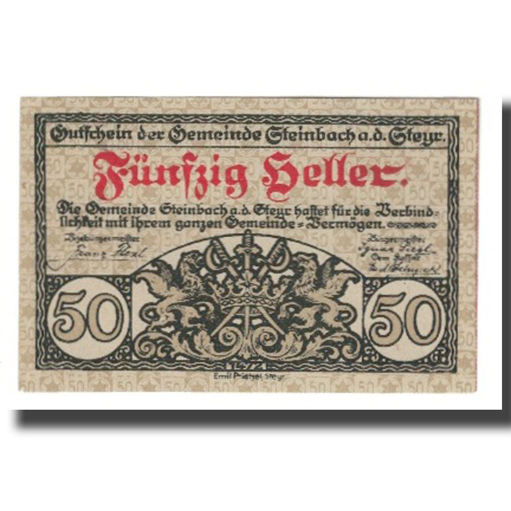 Biljet, Oostenrijk, Steinbach an der Steyr, 50 Heller, village 1, 1920