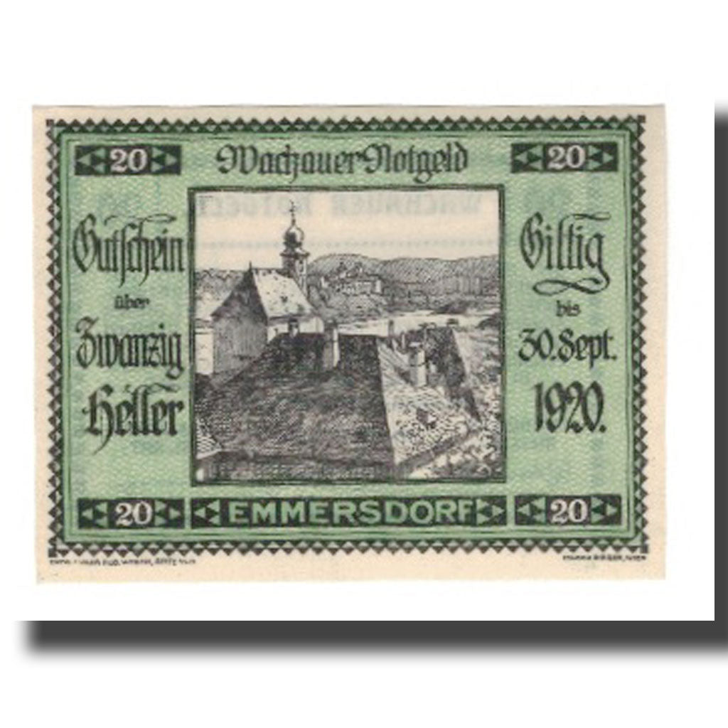 Billete, Austria, Wachauer Notgeld Emmersdorf N.Ö. Gemeinde, 20 Heller, texte