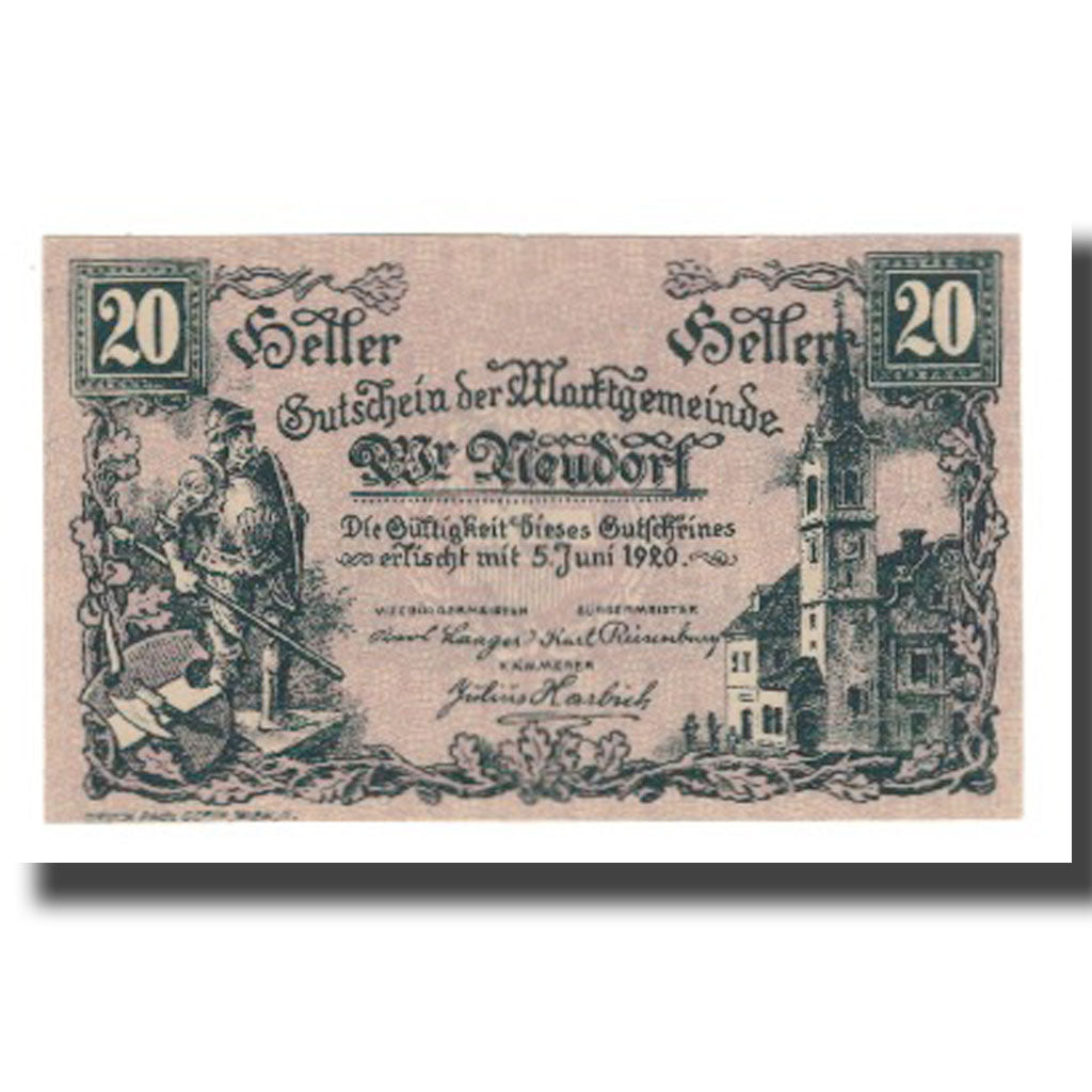 Banconote, Austria, Wiener Neudorf N.Ö. Marktgemeinde, 20 Heller, Valeur