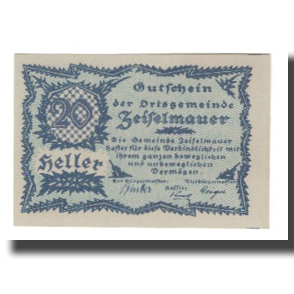 Banknote, Austria, Zeiselmauer N.Ö. Ortsgemeinde, 20 Heller, Texte, 1920